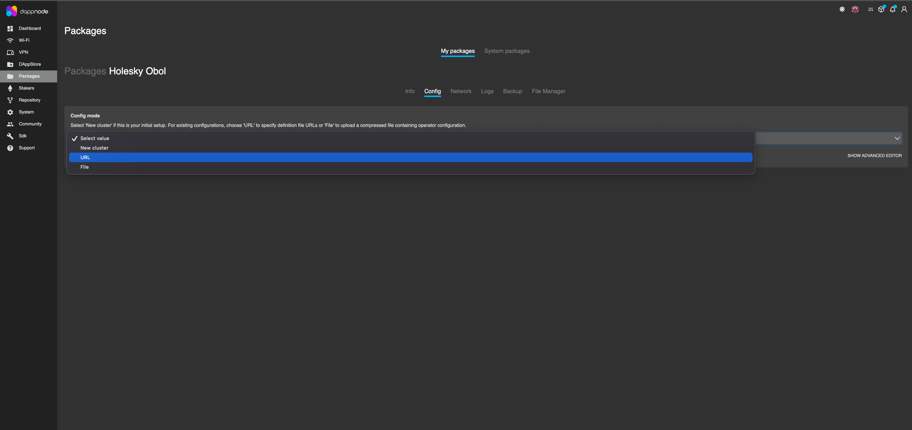 Screenshot: To run the Distributed Key Generation ceremony using a DappNode, you must paste the cluster definition URL into the Obol Package interface. Go to the 'Config' tab, select 'URL'…